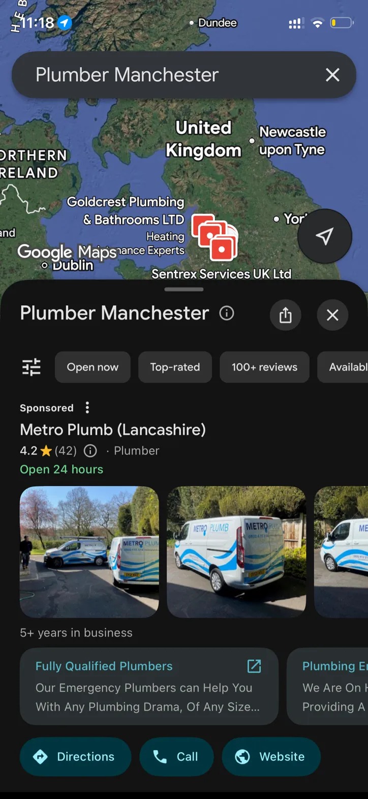 Google Maps search results showing local plumbers